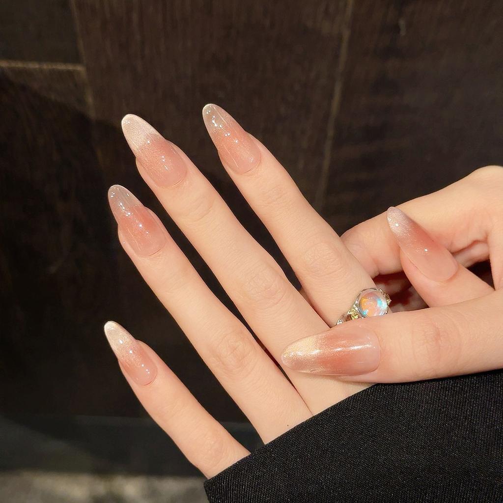 12Pcs Oval Cat Eye Blush Gradient Handmade False Nails for Women
