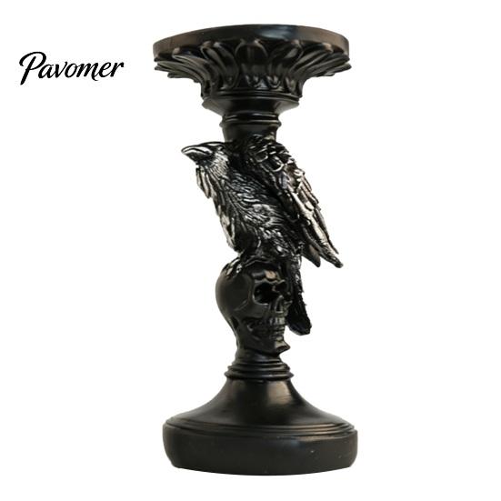 Sturdy Resin Craft Gothic Candlestick Holder, Halloween Raven Skull Pillar Candle Decor for Vintage Spooky Taper Stand Home Table Retro Style