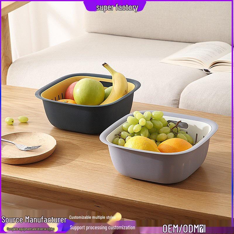 Multi-Functional Square Double-Layer Draining Basket: Large Fresh-Keeping Box with Lid for Kitchen Fruit Preservation.