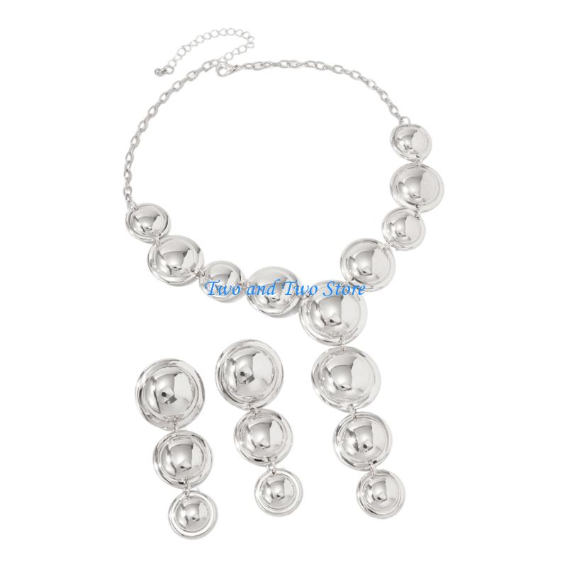 HX6F Comfortable Geometric Necklace and Earrings Set Featuring Round Design Metal Texture Suitable for Extended Comfort
