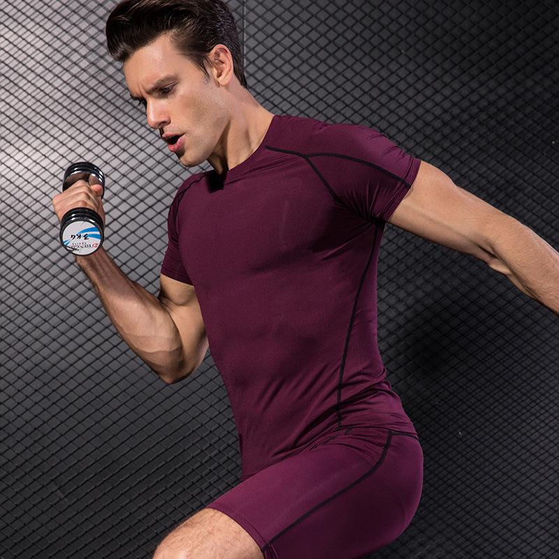 Men Gym Workout Short Sleeve Compression Shirt Tight Fit Quick Dry Athletic Top Black Red