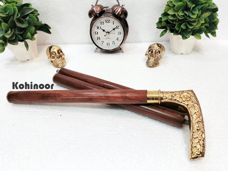 Walking Cane: Brass Flower Handle, Foldable Wooden Stick