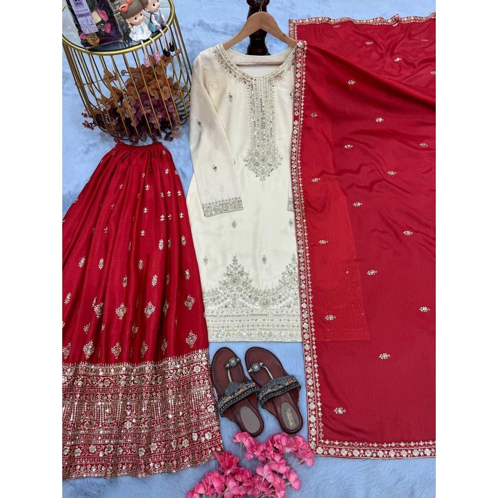 Launching New  Đěsigner Party Wear Look Pur Chinon Silk Top Plazzo & Dupatta Set