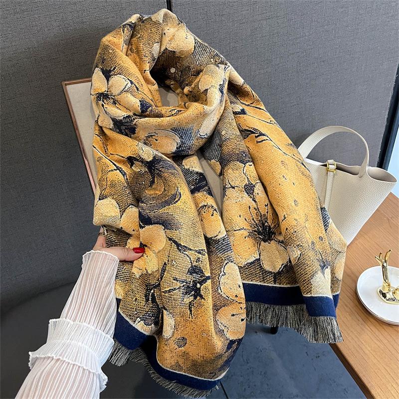 Winter Plum Blossom Pattern Tassel Scarf Mature Imitation Cashmere Shawl Autumn Cold Proof Windproof Scarf Poncho Stoles