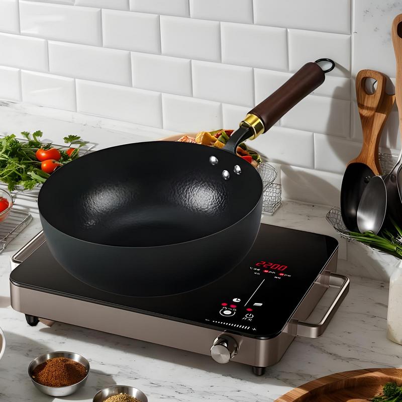 Iron Wok Pan Japanese Iron Pan With Wooden Lid Thick Non-stick Hand-Forged Pot For Stove Induction Hob Kitchen Restaurants Home