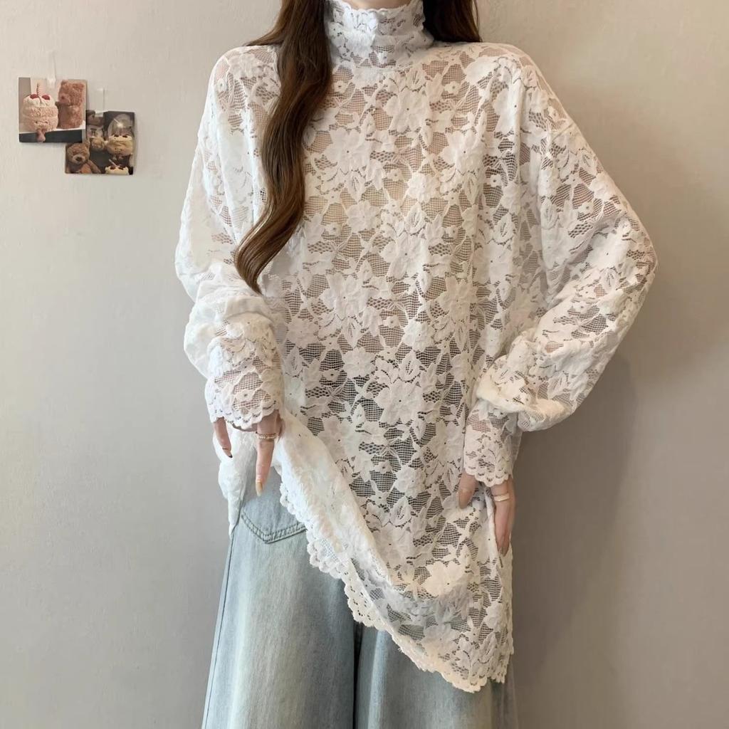 Plus-Size Women's High-Neck Hollow-Out Long-Sleeve Lace Top Elegant Layered Inner Wear Undershirt