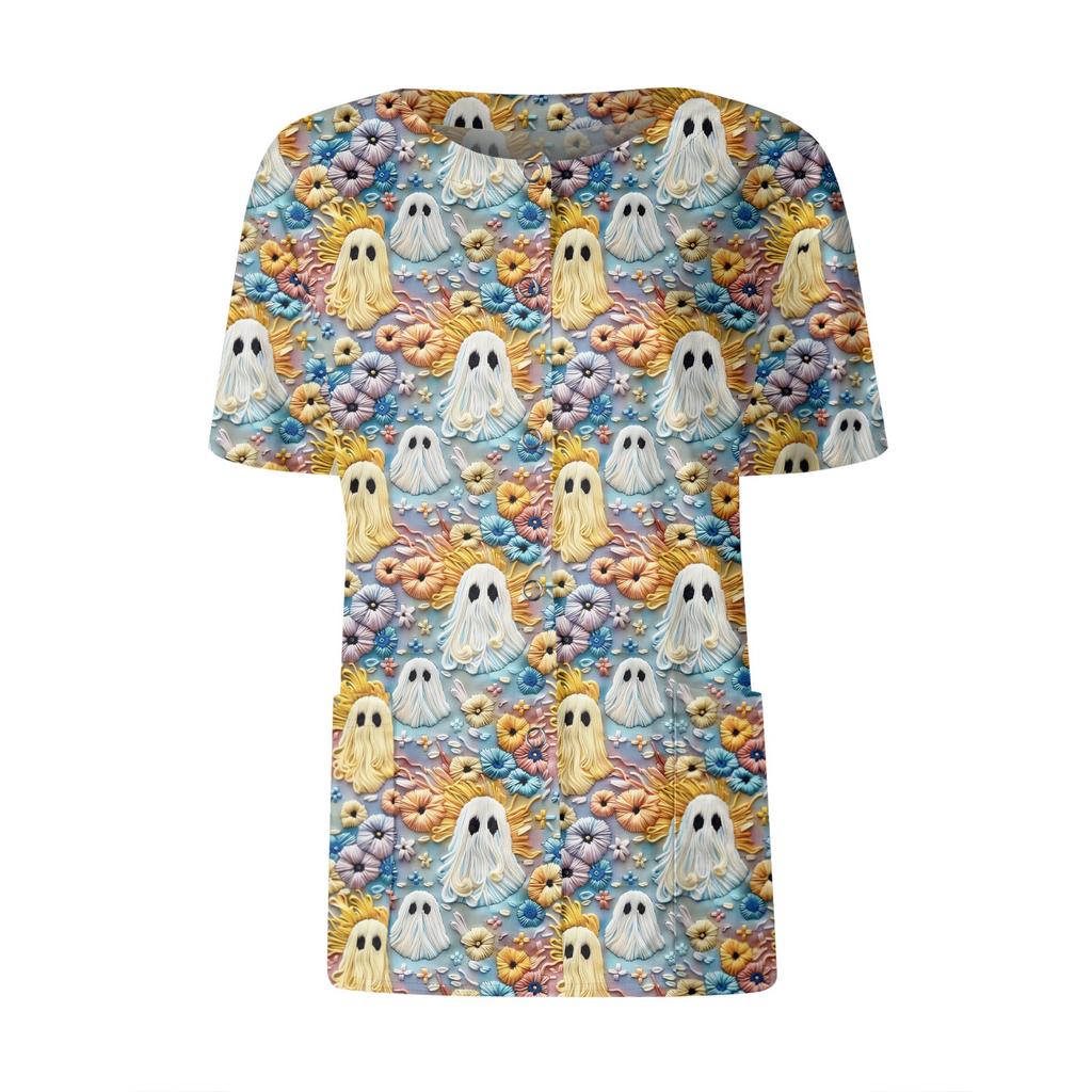 Women's Short Sleeved Patterned Pockets, Work Print Stand Up Collar, Single Breasted Protective Clothing, Cardigan Jacket, Top