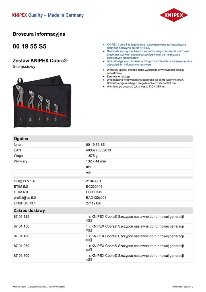 Pipe Pliers Set In Case 5-Piece 125, 150, 180, 250, 300Mm - Kn 00 19 55S