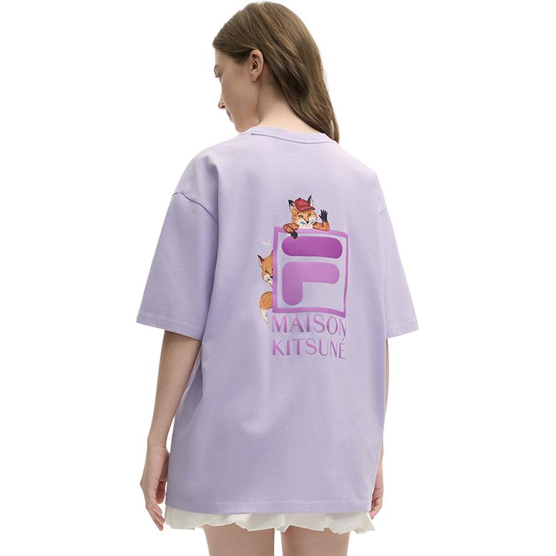 Fila X Maison Kitsune Fox T-Shirt Lightweight Breathable Quick-Dry Casual Versatile Short Sleeve Men Tops Purple F11U529101F-VT
