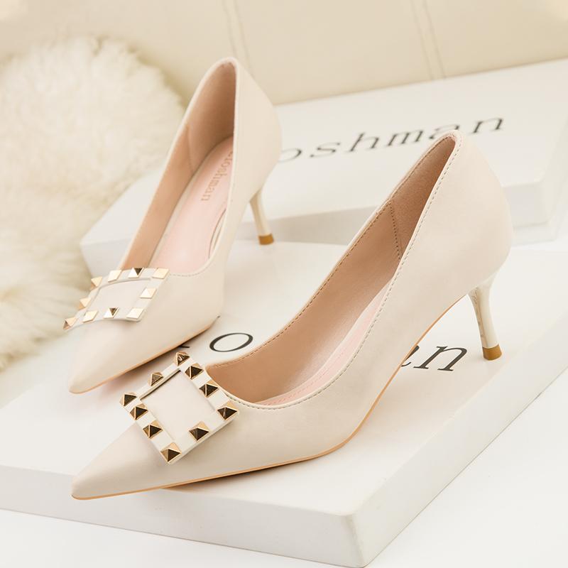 Fashion Women's Black Pointed Toe High Heels Stiletto Shoes with Metal Rivets Square Buckle New Leather Work Shoes