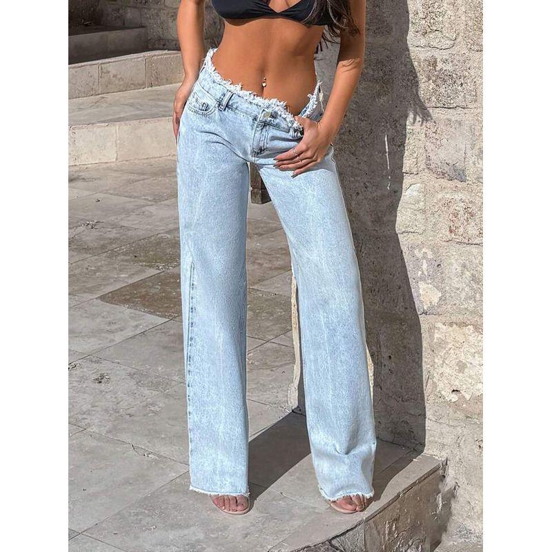 

Fringed Jeans Niche Frayed Edge Jeans Women High Waist Slimming Drape Loose Wide Leg Pants Mopping Trousers Light Blue XL