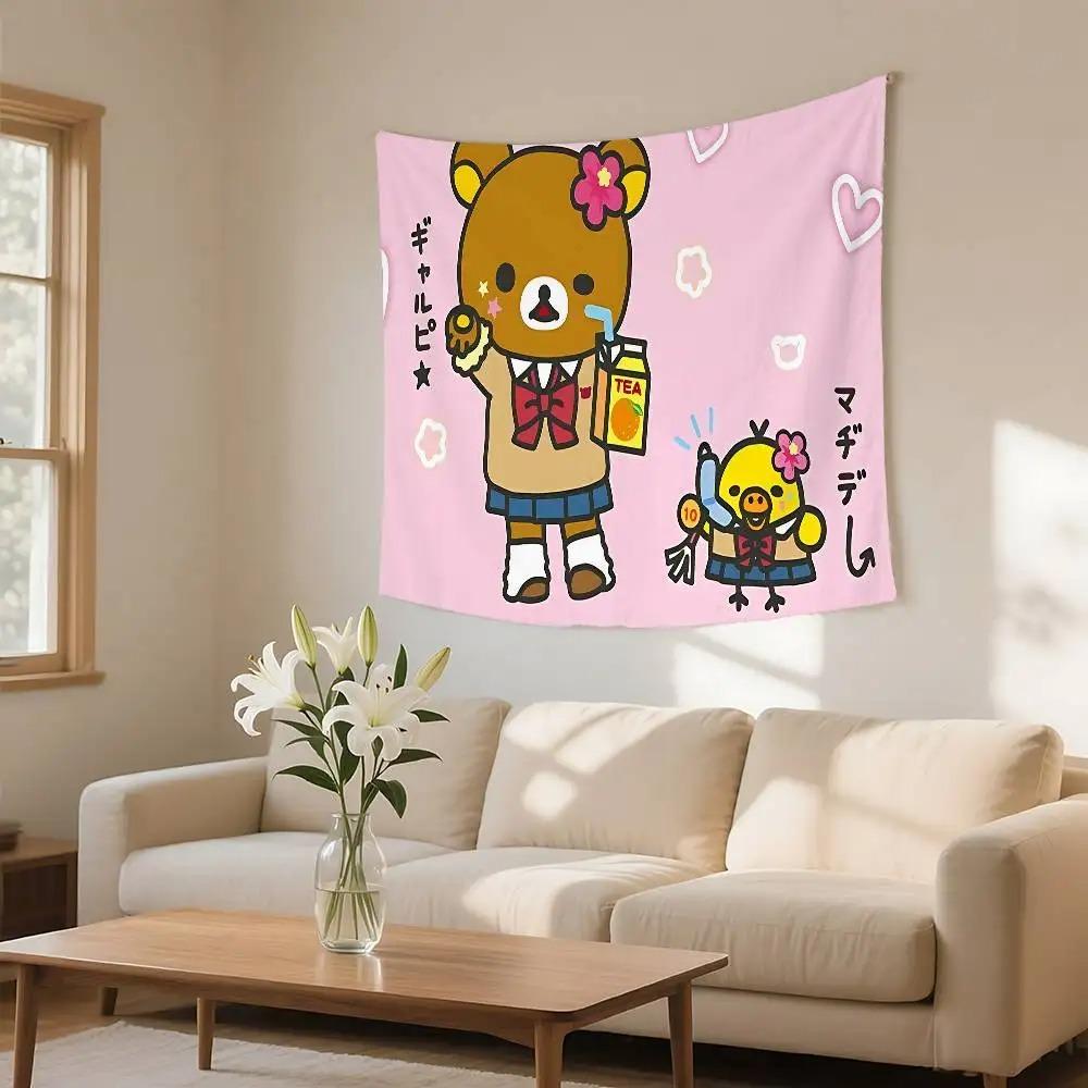 Cute Lazy Bear Daily Life Tapestry  4 Styles Kawaii Cartoon Wall Hanging for Kids Bedroom Dorm Living Room Decor