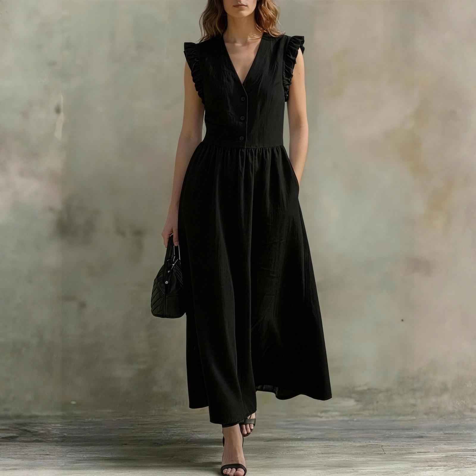 

Ladies Casual, Fashionable, Elegant V-neck Dress With Three Buttons And Pockets S чёрный