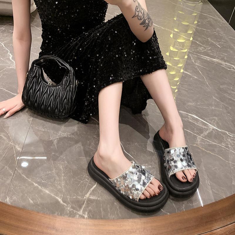 Ciabatte da Donna alla Moda con Paillettes Sandali da Spiaggia Estivi con Fondo Spesso a Punta Aperta Stile Coreano Leggere Comode Scarpe da Esterno