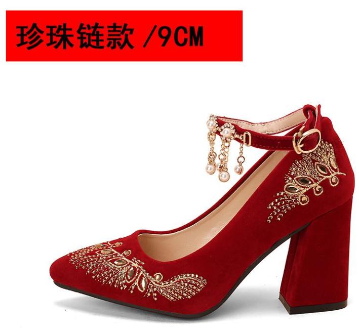 FHC Embroidery Flower Bride Wedding Shoes,Women Pumps,Rhinestone Ankle Strape High Heels,Pointed Toe,Wine-red,Dropship