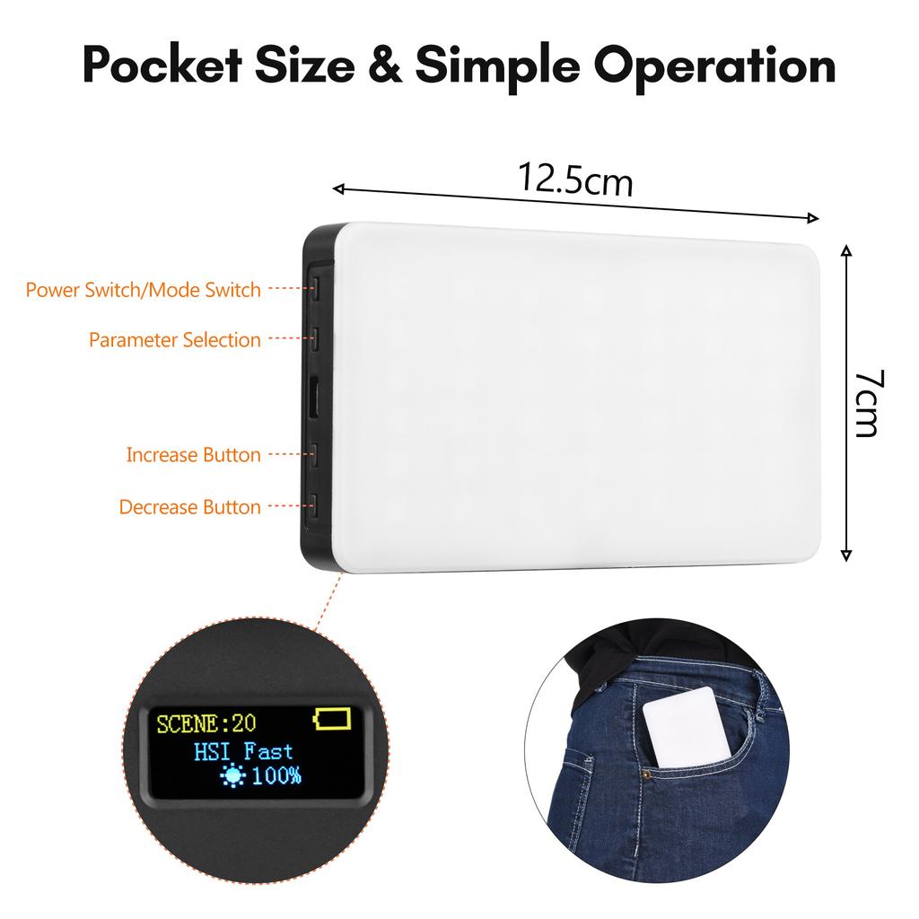 Taschen-RGB-Videoleuchte, LED-Fülllicht, 2500 K, 9000 K, dimmbar, 20 Lichteffekte, eingebauter Akku