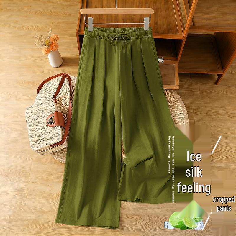 Plus Size Women's High-Waisted Ice Silk Harem Pants - Breathable, Slimming, Wide-Leg, Nine-Point Length