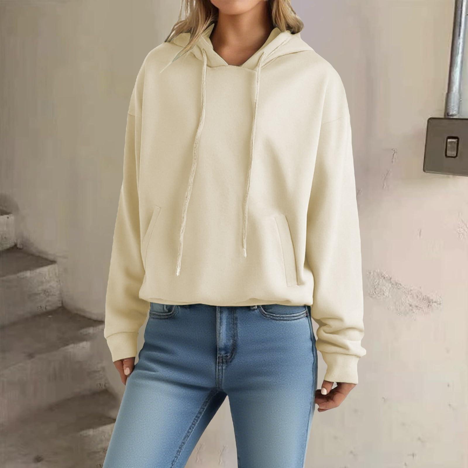 

Женский свободный пуловер с длинными рукавами, кулиской и карманом, худи с капюшоном, однотонный L бежевый