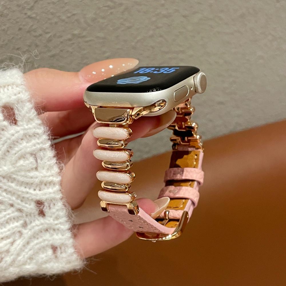 Women Luminous Moon White Beaded Lychee Grain Spliced Leather Slim Strap for Apple Watch Series12 11 10 SE1 2 3/Ultra4 3 2 38/42/44/45/49 mm
