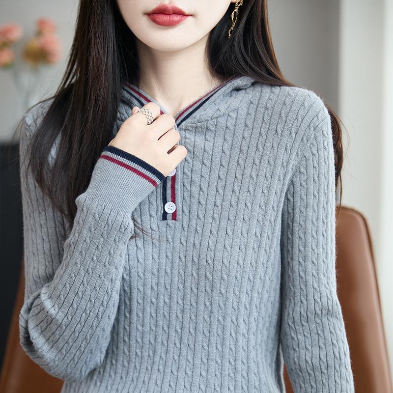 

Женский свитер с капюшоном и полуоткрытым воротником, свободный ленивый стиль, вязаная куртка, корейский стиль, универсальный, утолщенный теплый топ L серый