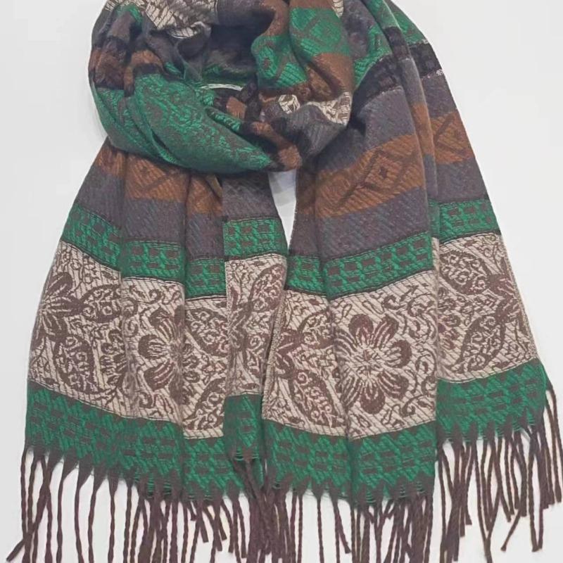 Travel Ethnic Style Striped Faux Cashmere Thick Scarf Fashionable Versatile Windproof Scarf for Women