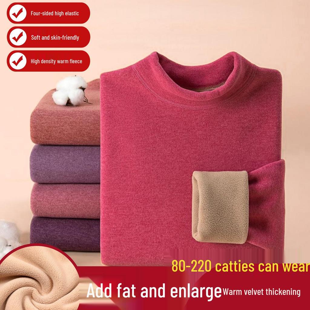 Unisex Plus Size Thermal Underwear Set with Thickened Velvet and Lambskin, Round Neck, for Autumn and Winter