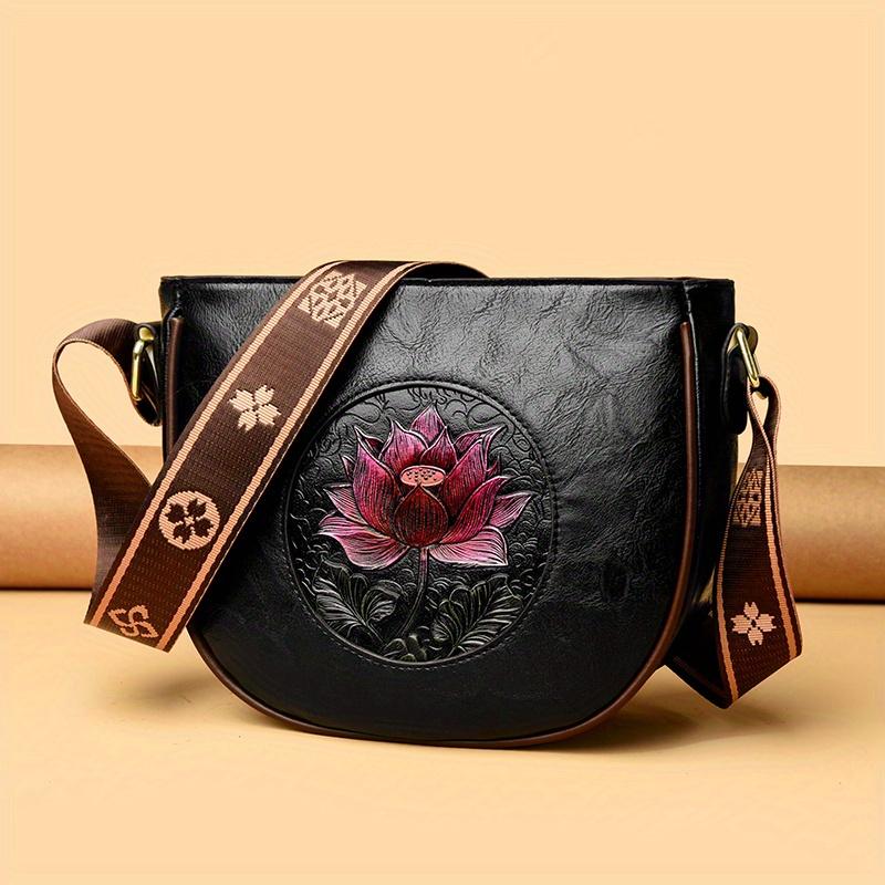 Retro Ethnic Style Crossbody Bag with Lotus Pattern for Ladies