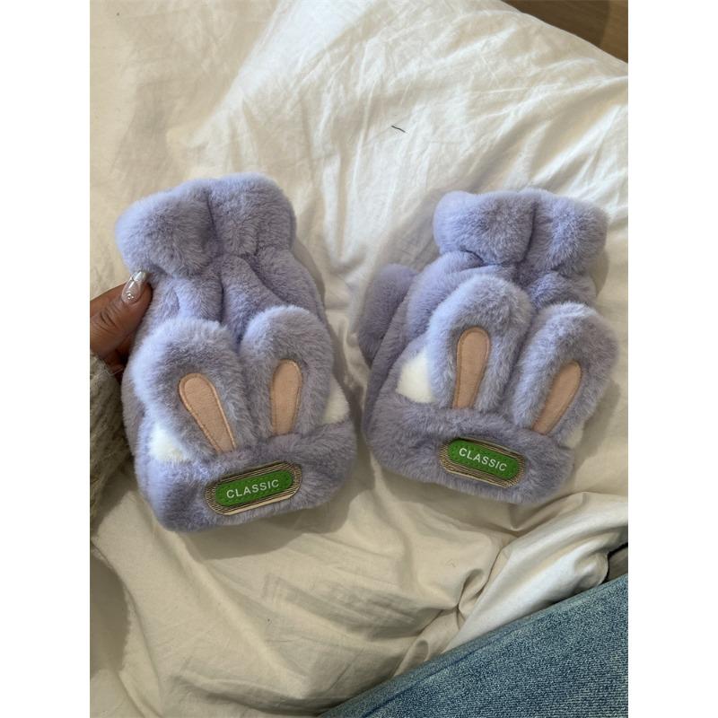Gloves for Women In Winter Cute Student Warm Cute Rabbit Flap Cover with Fingers and Write Plush Half Fingers Plus Velvet Riding Bike Anti Freeze