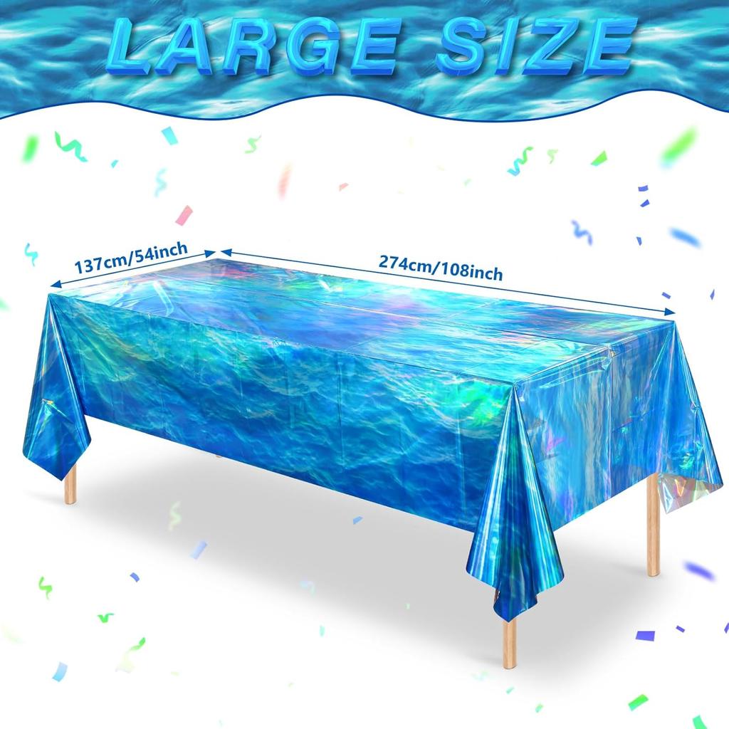 3 Pcs Iridescent Waves Tablecloths - Disposable Plastic Ocean Blue Table Cloth Rectangle Table Covers for Under the Sea Beach Surf Pool Party