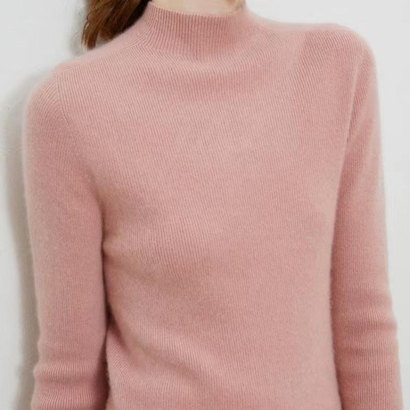 IHUASU Women's Semi-high Neck Wool Sweater Women 100% Pure Wool Slim Cashmere Knitting Bottoming Tight Inner Jumper