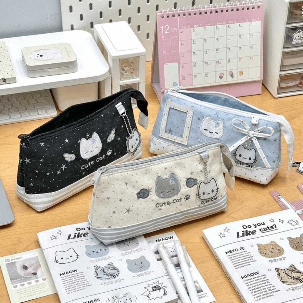 Large Capacity Cat Pattern Pen Case Multi-Layer Stationery Storage Pouch For Teen Students