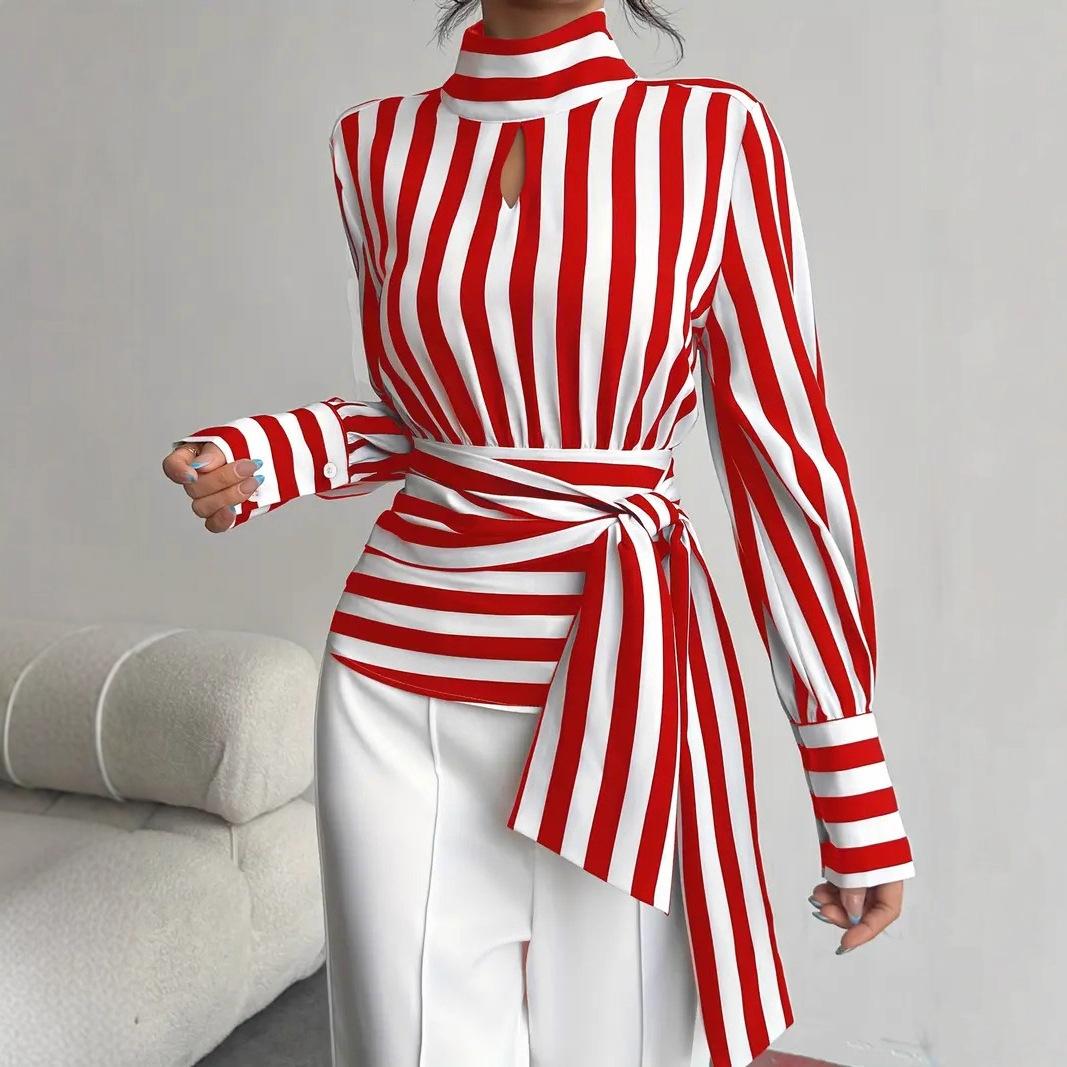 

Womens Striped Long Sleeve Shirt High Neck Belted Top Solid Color Basic Blouse S красный
