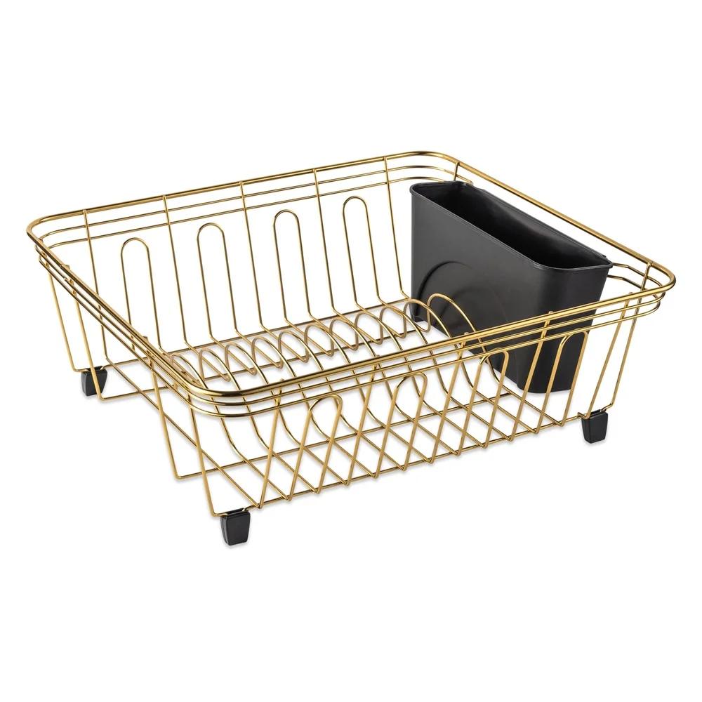 Gold Stainless Steel Dish Rack with Utensil Caddy Modern Kitchen Storage Solution Plates Bowls Drying