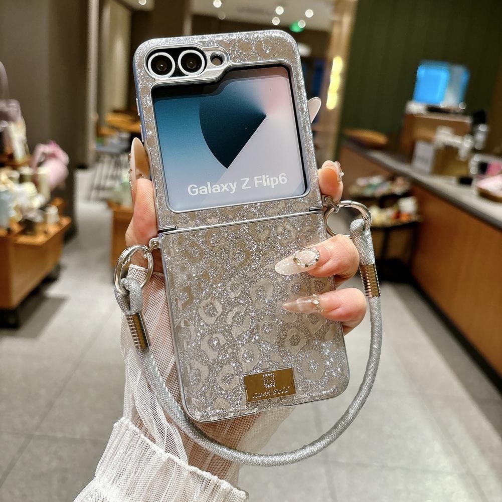 Shimmering Leopard Print Phone Case for Samsung Z Flip 8 flip7 fe Galaxy Z Flip 7 6 5 Silver-edged Side Buckle Protective Cover