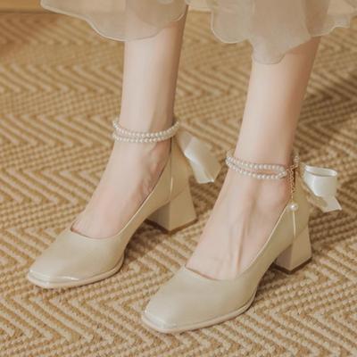 2024 New Women High Heels Silk Mary Jane Shoes Party Wedding Dress Shoe Bowknot Princess Lolita Pumps Square Toe Bridal Heels