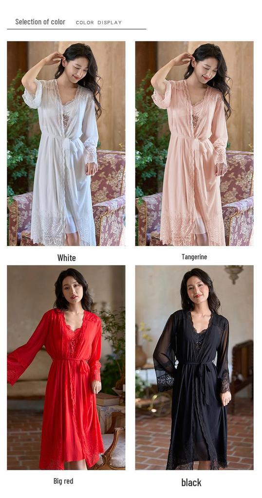 French Court-Style Long Sleeve Camisole Sleep Dress with Bra Pads - Two-Piece Fairy Home Wear Set