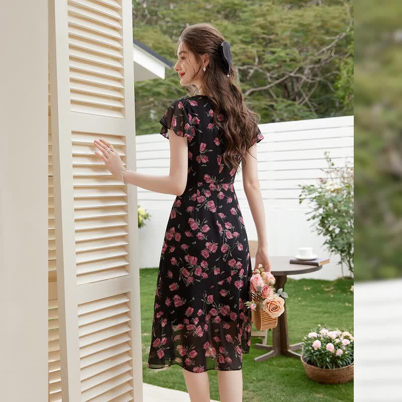 Elegant V-Neck Floral Print Maxi Dress