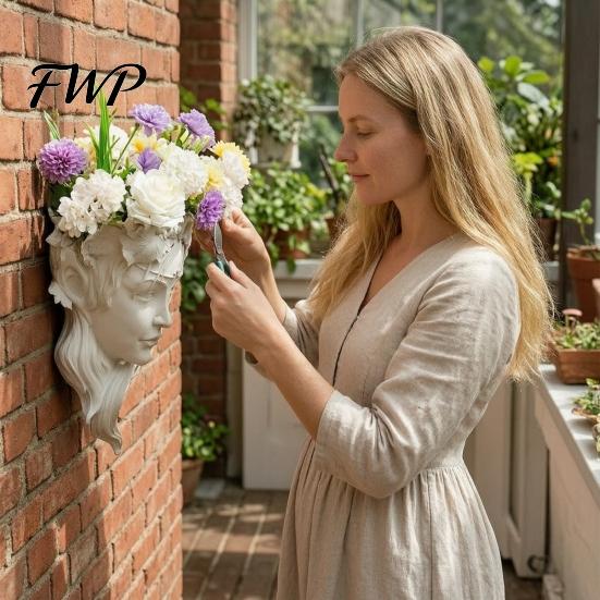 Harz Portrait Relief Skulptur Feen Gesichtsform Wandpflanzer, Mädchen Blumentopf, Wandmontierte Pflanzgefäß Vase für Innen Außen, Kaktus, Kräuter, Luft
