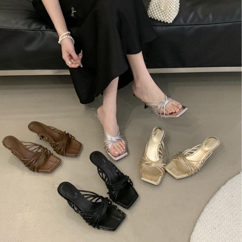 Fashion Elegant Square Toe Cross Tied High-heel Slippers Women Summer Sexy Open Toe Slide Sandals Fashion Comfort Brand Designer Shoes
