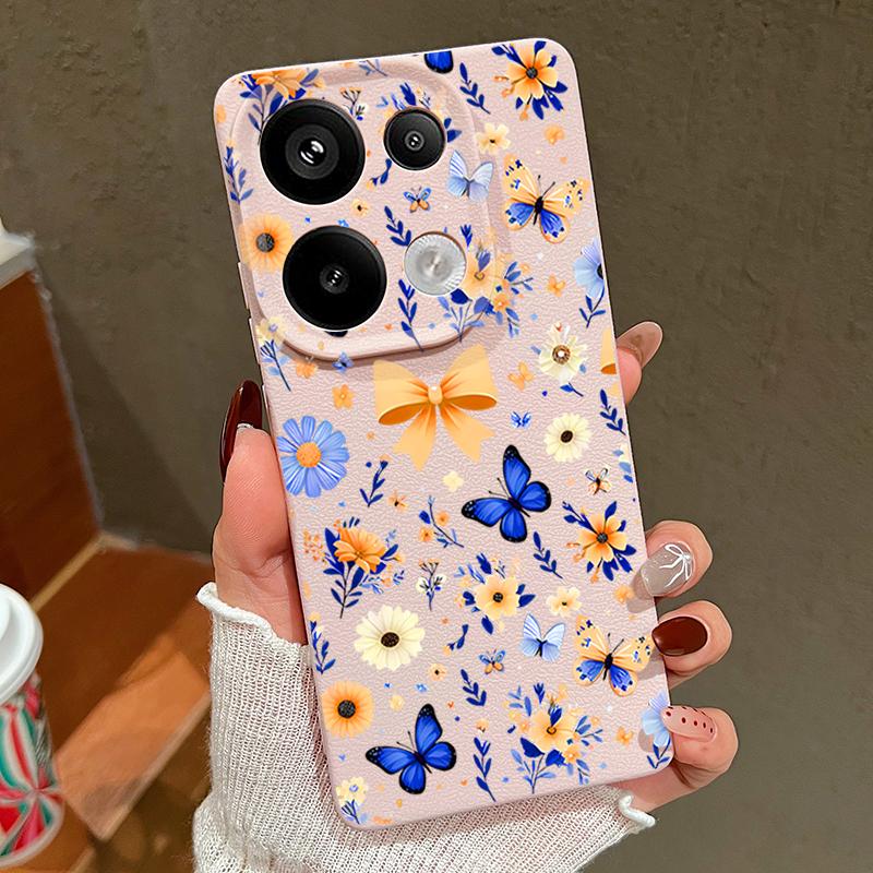 Blue Butterfly Floral Pattern Case For Xiaomi 14T 13T 11T Pro Funda Redmi Note 14 13 12 11 Pro 5G 4G Leather Texture Silicone Cover