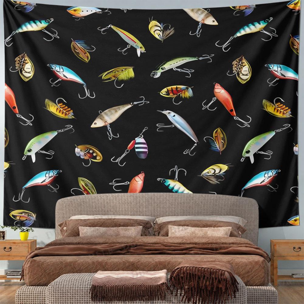 Fishing Lures Pattern on Black Background Pattern Wall Hanging Tapestry Decorative Tapestry Home Decor for Bedroom and Living Room