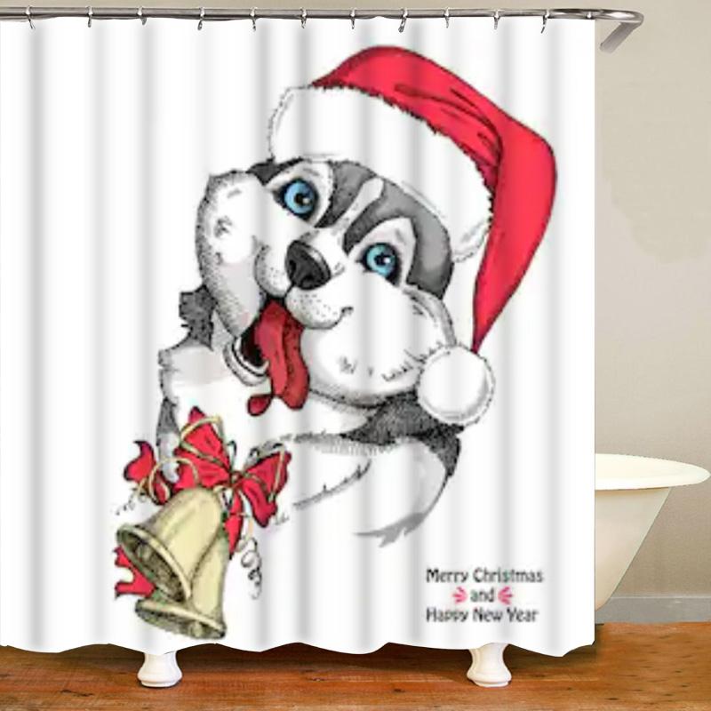 Süßer Sibirischer Husky Duschvorhang Weihnachtlicher Duschvorhang Set Husky Hund Welpe Badezimmervorhang Haustier Hunde Weihnachten Heimdekoration