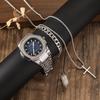 (Kein Kasten) Damen Mode Business Runde Stahluhr + Armband + Kreuz Halskette + Ring 4er Set Geschenk