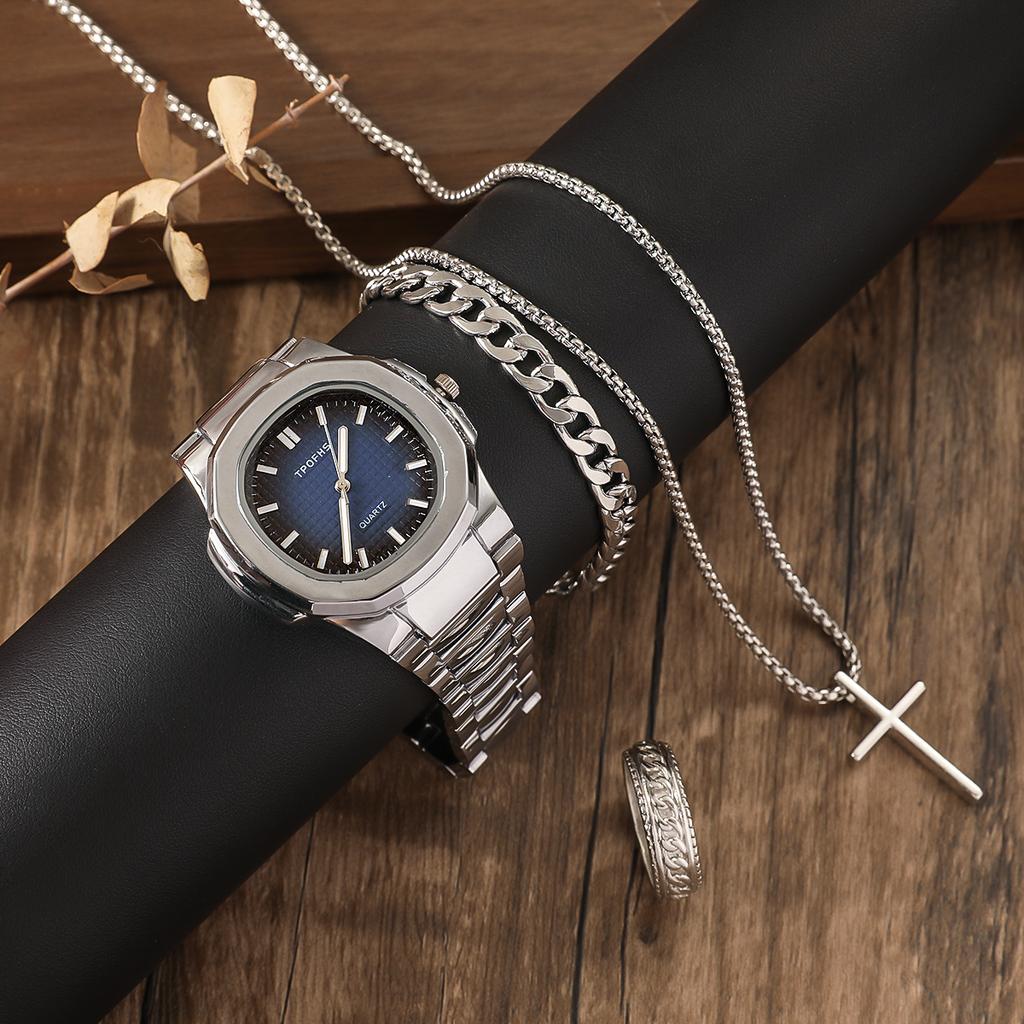 (Kein Kasten) Damen Mode Business Runde Stahluhr + Armband + Kreuz Halskette + Ring 4er Set Geschenk