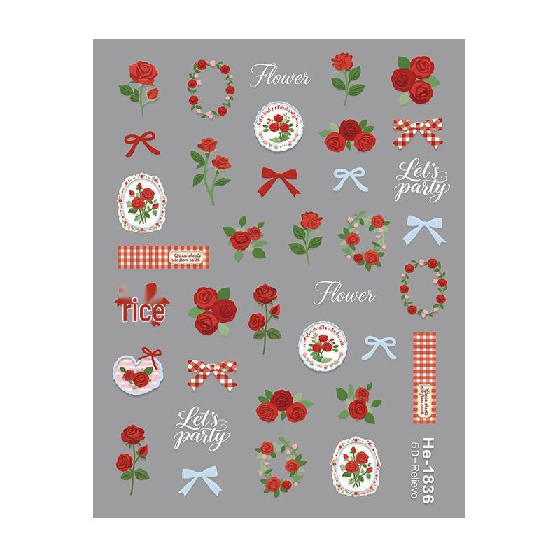Redanco 5D Embossed Cartoon Nail Art Stickers - Pink Rose Flower Design (He1838)