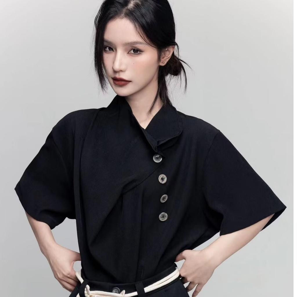 Women Irregular Multi-Button Loose Shirt Summer Short-Sleeved Tops Blouses