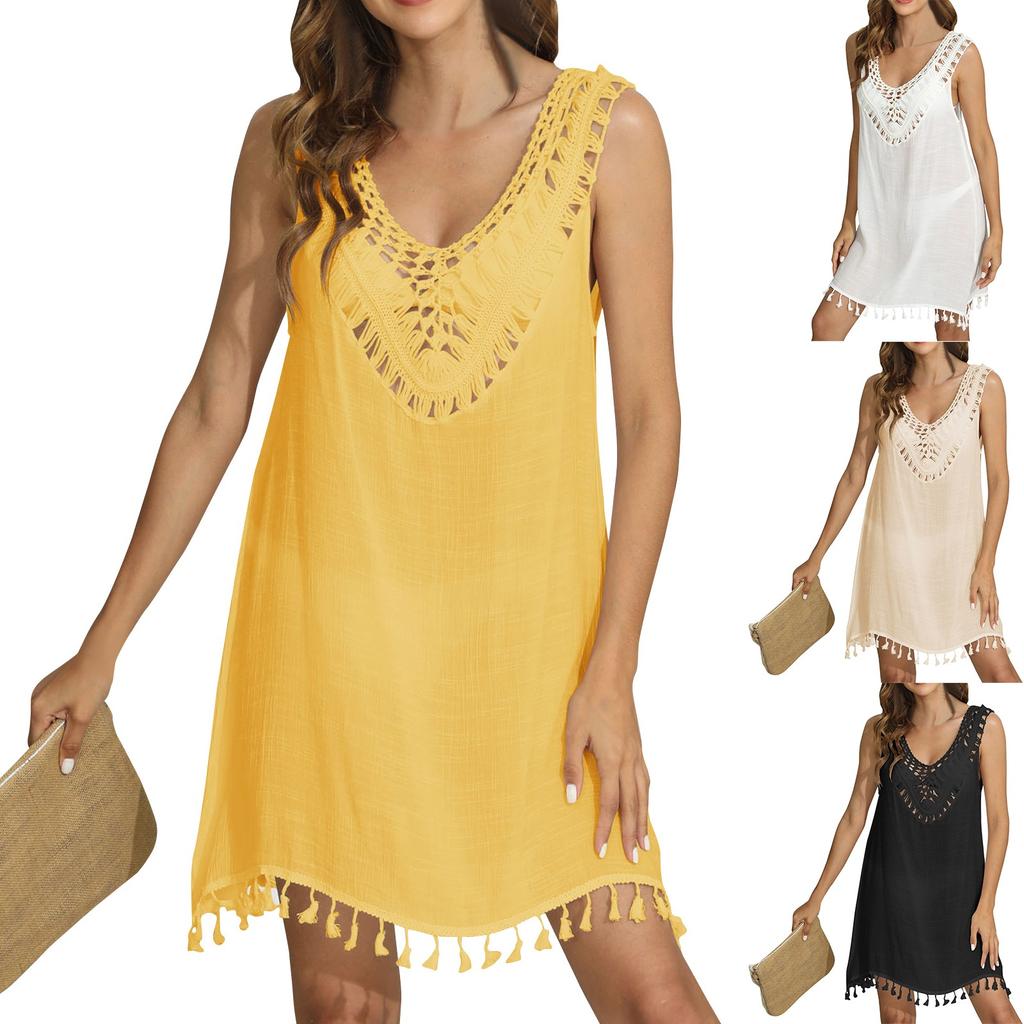 Summer Handhook Stitched Tassel V-neck Hollow Vest Bikini Dress