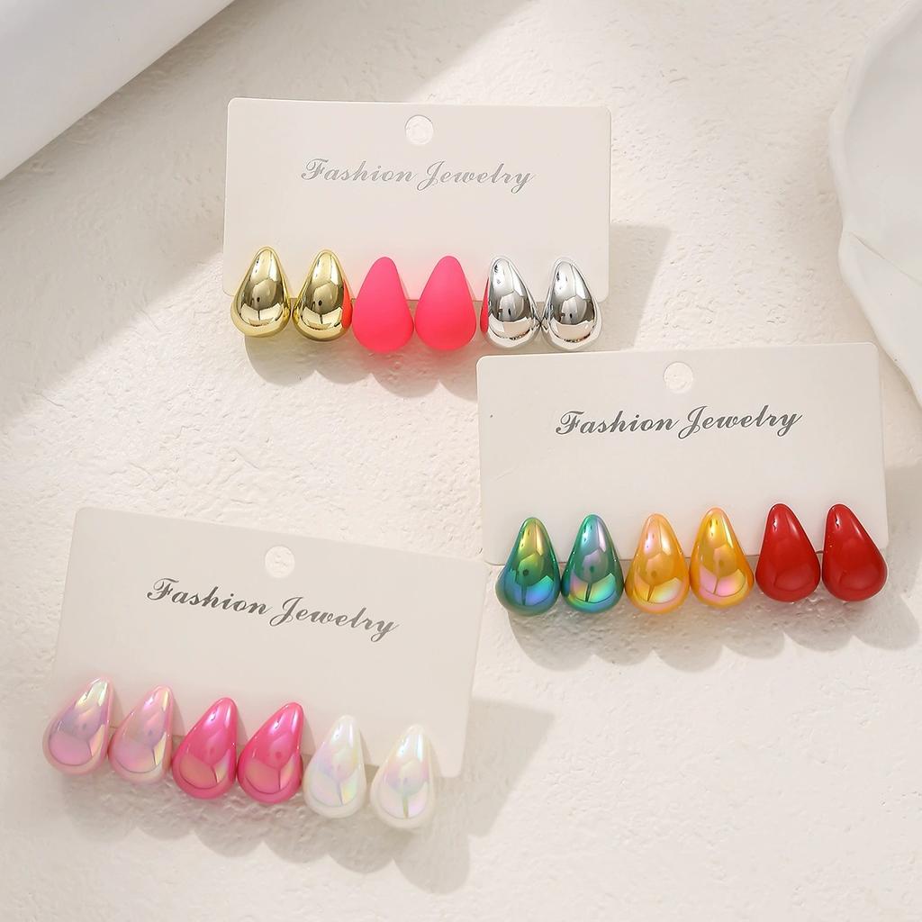 Teardrop Stud Earrings Set Colorful Water Drop Earrings Matte Shiny Earrings for Women Daily Party