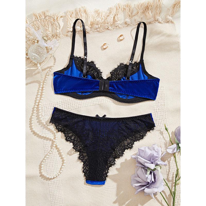 

European and American Autumn/Winter Sexy Lace Trim Bra Set - Pure Desire French Lingerie Two-Piece Anti-Sag Design Large синій