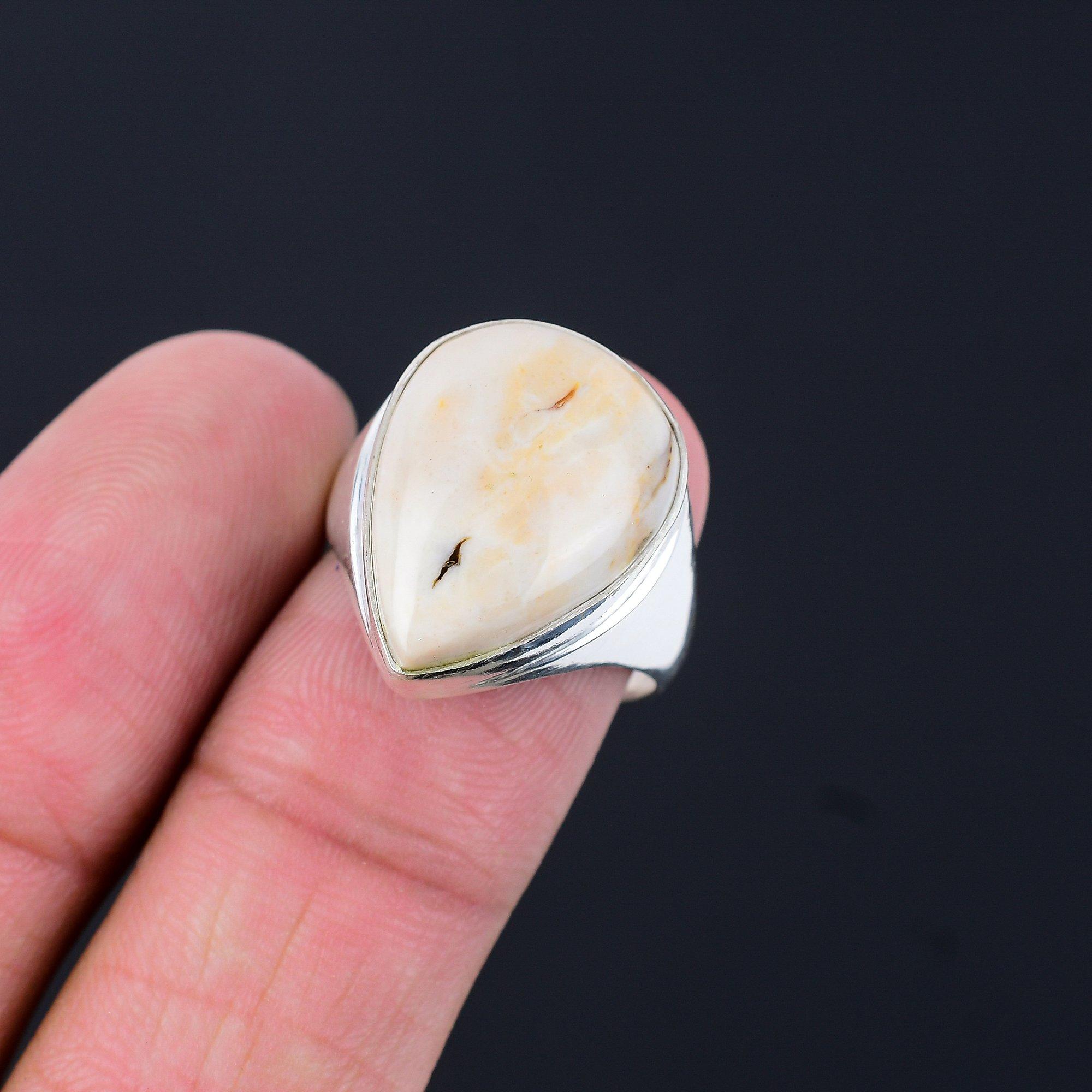 925 Sterling Silver Pear Natural Peanut Wood Jasper Sister Solitaire Ring US 8 8